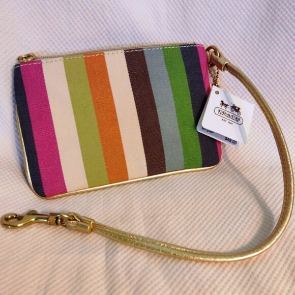 Coach Poppy Sequin Legacy Stripe Small Wristlet in Brass/Multi, NWT - Picture 3 of 8